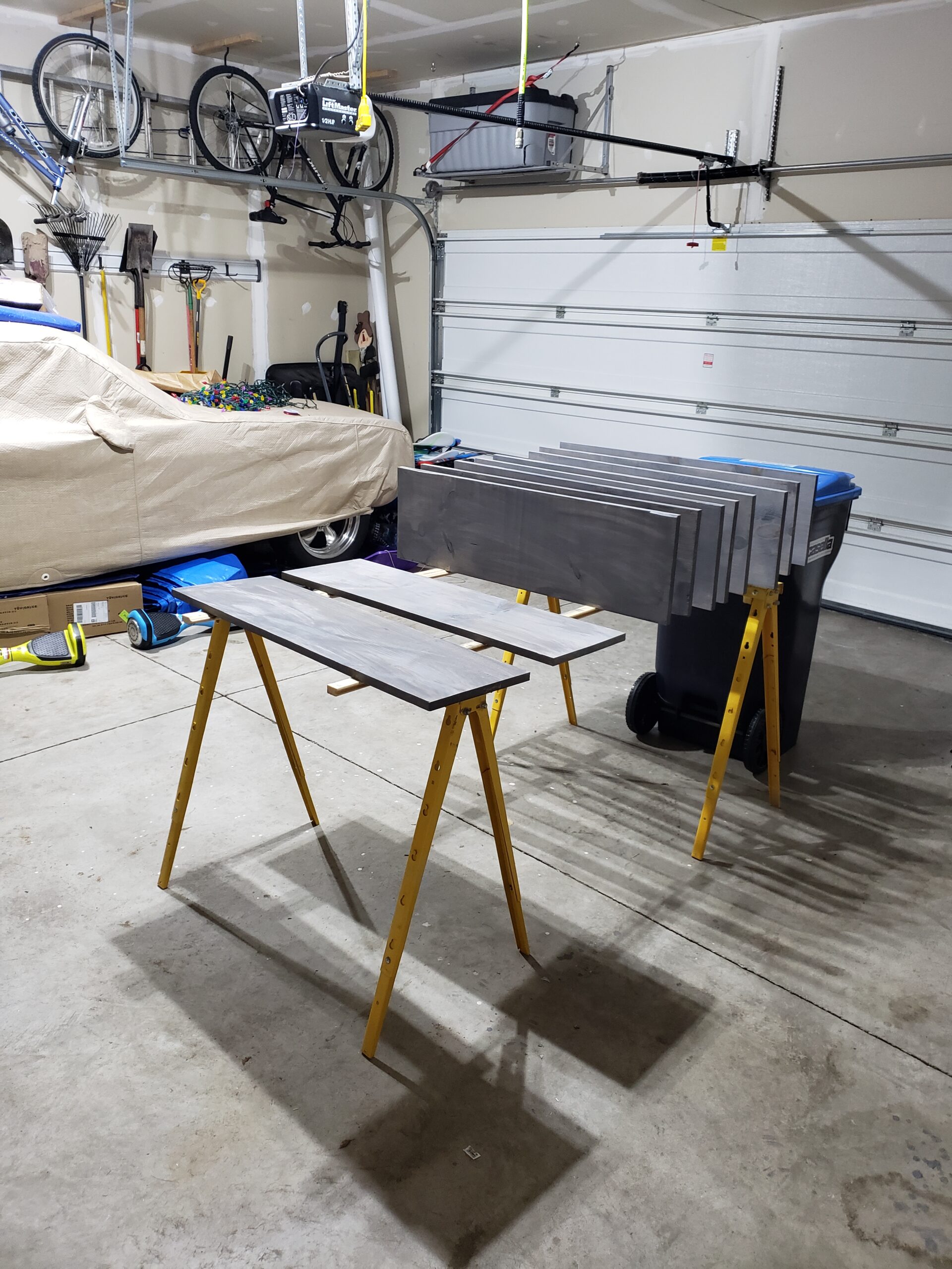Stained pine shelves ready for installation