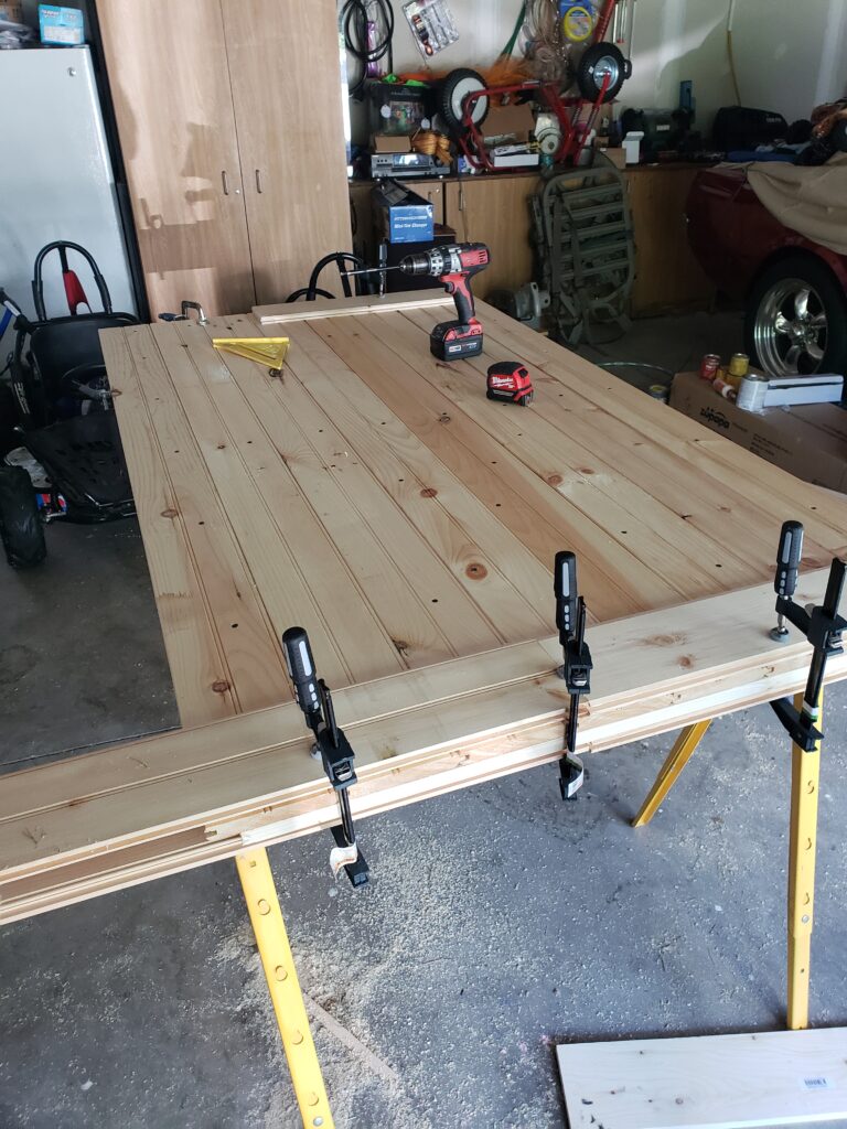 Sliding Barn door assembly finished and left clamped for glue to dry