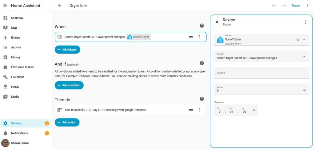 Home Assistant showing my dryer idle automation.