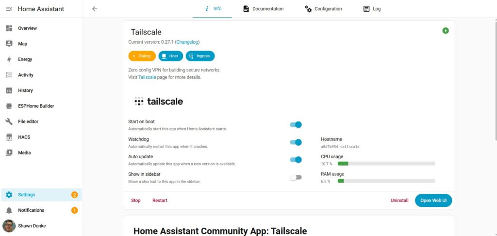 Home Assistant Showing the Tailscale Integration