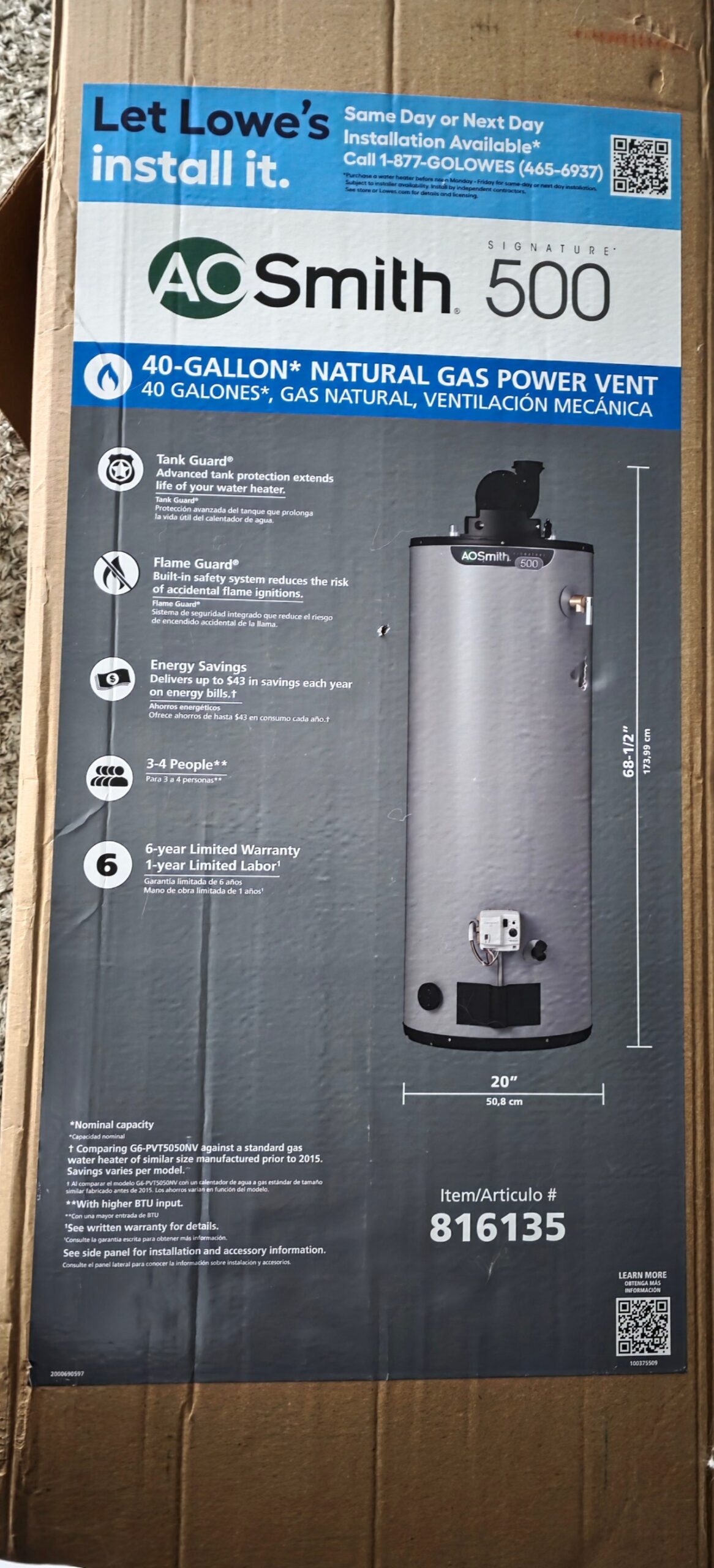 AO Smith 40 gallon natural gas power vent hot water tank